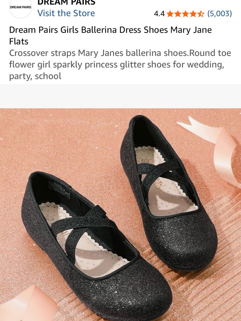 Dream Pairs Girls Black Glitter Cross-Strap Mary Jane Flats